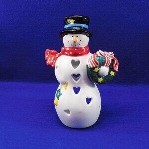 Hallmark Ceramic Heart Snowman Tealight Candle Holder Christmas w Wreath